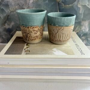 Unmarked Stoneware Tumbler Cups Speckled Blue Etched Tree Design Set of 2